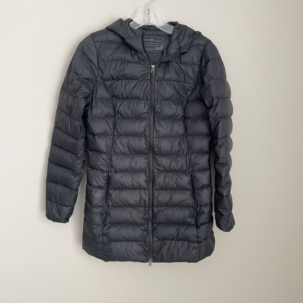 Eddie Bauer Size XS Womens Black Down Filled Puffer 650 Long Hooded Jacket